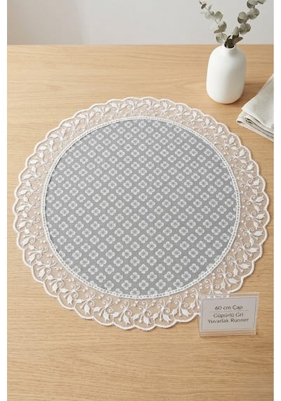 Yuvarlak Runner - 60 Cm Dekoratif Örtü Şık Masa Örtüsü Sofra Bezi Gri