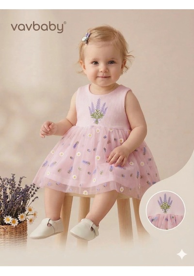 Kız Bebek Lavanta Ve Papatya Nakışlı Tül Detaylı Elbise Pembe Pembe