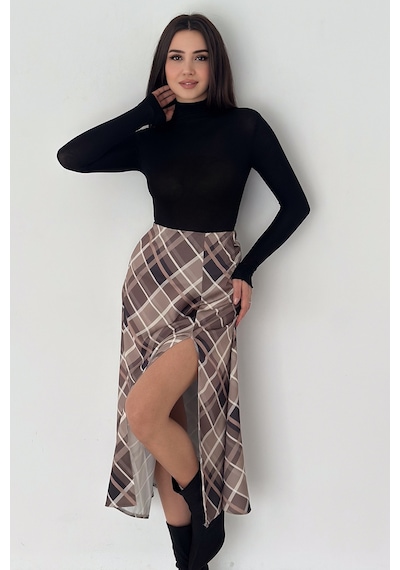 Kadın Yırtmaç Detaylı Ekose Uzun Etek Slit Plaid Kahverengi