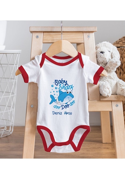 Bk Gift Bk Kids Kişiye Özel Baby Shark Tasarımlı Kırmızı Bebek Body Zıbın-1