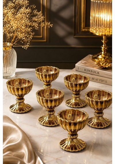 6 Lı Gold Kaplama Ayaklı Mini Kristal Cam Lüks Lokumluk Kahve Yanı Sunumluk Kase