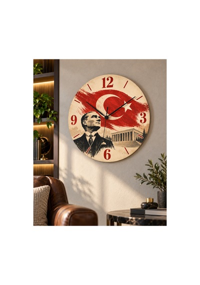 Atatürk Temalı 45 Cm Ahşap Sessiz Akar Mekanizmalı Uv Baskılı Dekoratif Duvar Saati Hediyelik 1095 Çok Renkli