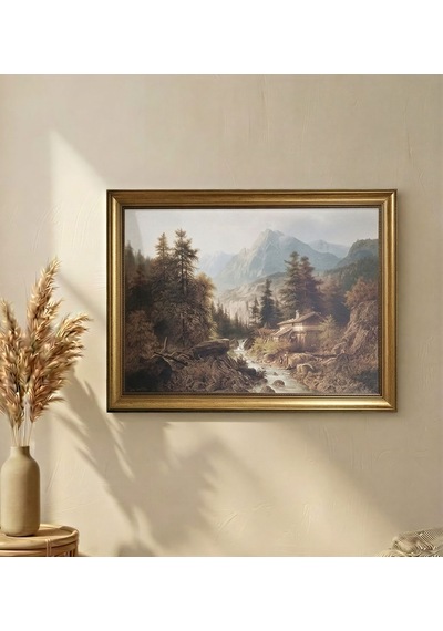 Klasik Gold Çerçeveli Dağ Manzaralı Tablo Orman Ve Dere Lüks Salon Duvar Dekoru 80x60 Cm