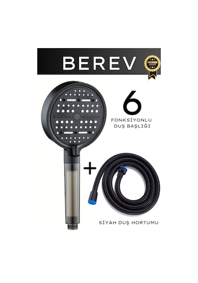 Berev 6 Fonksiyonlu Filtreli Duş Başlığı 150 Cm Siyah Duş Hortumu Su Tasarruflu Basınçlı Kireç Klor Önleyici Siyah