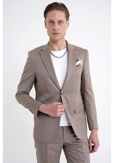 Efor Slim Fit Mono Yaka %97 Tencel Kumaş Çift Yırtmaç Esnek Bej Takım Elbise Tk 941