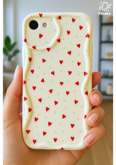 Fibaks iPhone 16e/17e Uyumlu Kılıf Kamera Korumalı Dalga Kenarlı Kırmızı Kalp Desenli Silikon Kapak