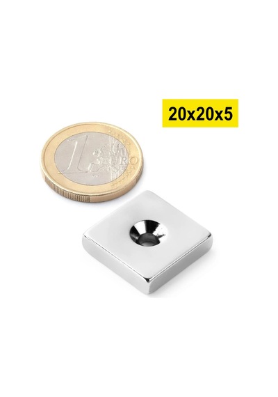 5 Adet, Köşeli, Neodyum Mıknatıs, 20x20x5 Mm, D:10/5 Mm, Havşa Delikli, Güçlü Magnet, N35 Kalite