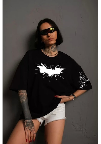 Unisex Ön Ve Kol Baskılı Oversize T-shirt - Siyah Siyah