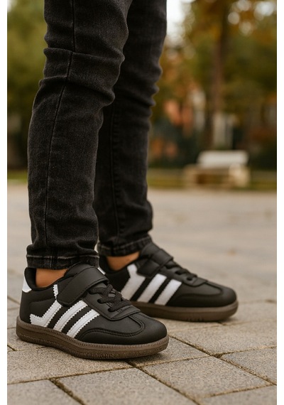Günlük Unisex Çocuk Sneaker Bağcıklı Hafif Kaymaz Taban Ayakkabı SİYAH-BEYAZ