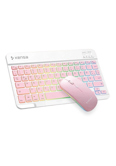 Tablet Ve Bilgisayar İçin Rgb Led Işıklı Taşınabilir Kablosuz Bluetooth Klavye Ve Dongle'lı Mouse Seti Pembe
