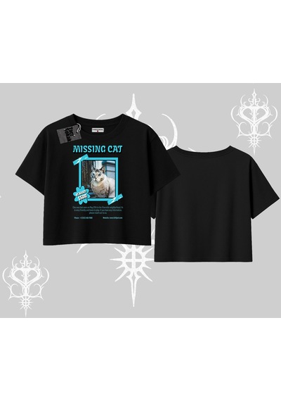 Tarzsokak Missing Cat Baskılı Oversize Crop Tshirt Siyah