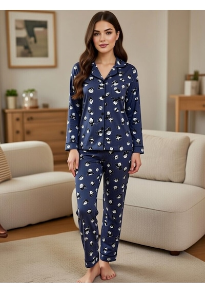 Rukod Kadın Siyah Penguen Desenli Süet Gömlek Yaka Düğmeli Uzun Altlı Pijama Takımı Siyah