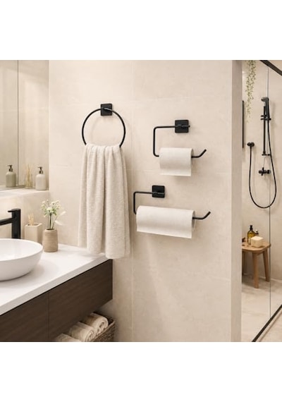 3 Lü Siyah Banyo Seti, Yapışkanlı Ve Vidalı Montajlı Havluluk, Tuvalet Kağıtlığı, Yuvarlak Havluluk Ve Kağıt Havluluk Seti Açık Ahşap