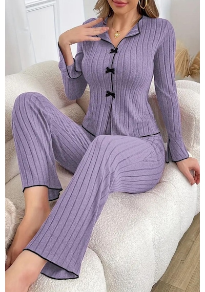 Bella Notte Pamuklu Mor Fiyonk Detaylı Mevsimlik Pijama Takımı