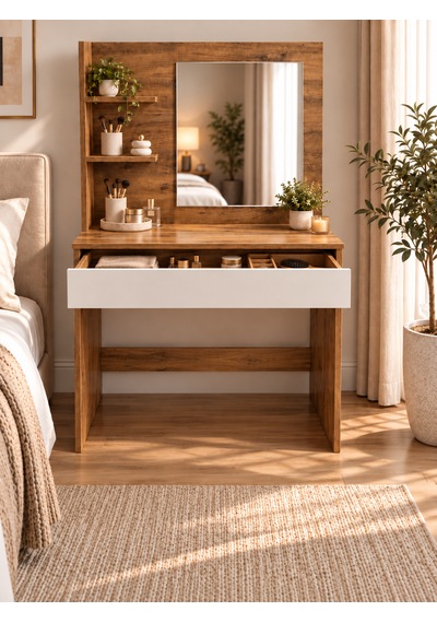 Etna Aynalı Çekmeceli Makyaj Masası 150x90 Cm- Atlantik Çam- Beyaz- Tabureli Atlantik Çam - Beyaz Etna Aynalı Çekmeceli Makyaj Masası 150x90 Cm- Atlantik Çam- Beyaz- Tabureli Atlantik Çam - Beyaz