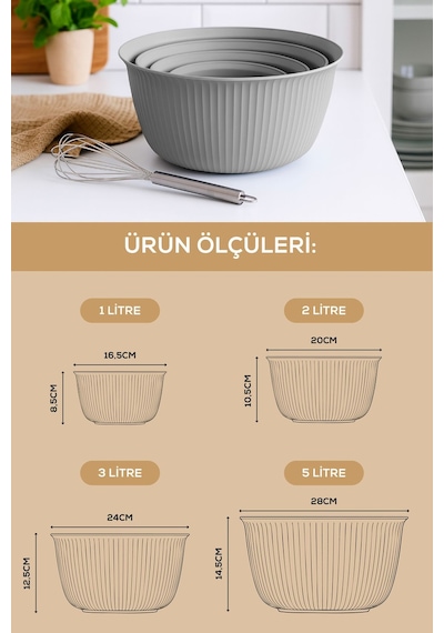 4'lü Mega Boy Plastik Karıştırma Ve Saklama Kase Seti 1l, 2l, 3l, 5l Gri Gri