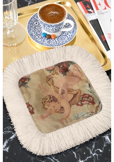 Barok Melek Saçaklı Sunum Peçetesi-vintage Klasik Eklektik Bej Krem Desenli Kahve Sunum Mendili Çok Renkli