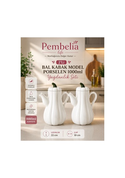 2 Li Porselen Bal Kabak Model Yağdanlık Seti Ayçiçek Yağı Zeytin Yağı Şişesi Herbiri 1000 Ml Beyaz Beyaz
