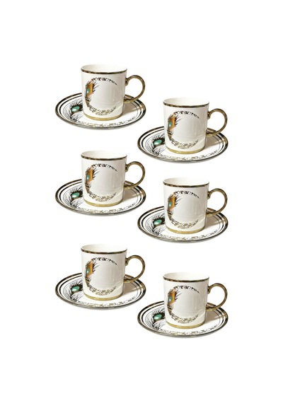6 Kişilik Tavus Kuşu Desenli Porselen Türk Kahvesi Fincan Takımı - 90 Ml Diğer