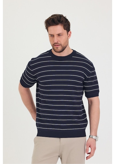 Tarz Cool Erkek Bisiklet Yaka Çizgi Detaylı Kısa Kollu Ince Triko T-shirt Lacivert