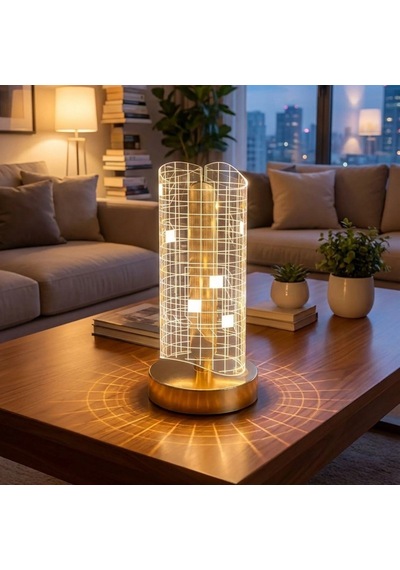 Dalgalı Silindirik Kristal Kareli Model Led Masa Lambası Gold Tabanlı, Dokunmatik, 3 Renk Işık Modlu, Şarjlı Modern Dekoratif Gece Lambası 5570 Beyaz