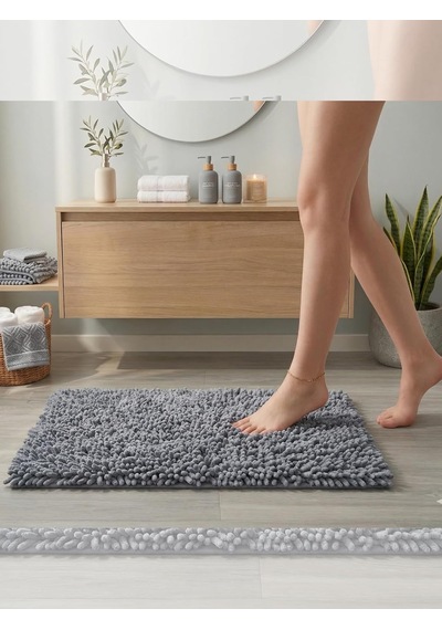 Şönil Banyo Paspası, Mikro Elyaf, Beyaz, 40x60 Cm Banyo Halısı, Uzun Tüylü, Yüksek Emicilik, Makinede Yıkanabilir Gri