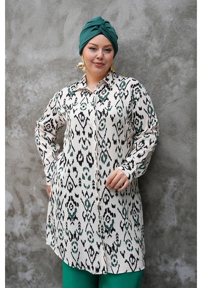 Polologin Butik Krem Rengi Motifli Uzun Tunik Krem