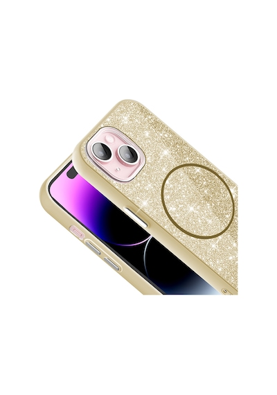 Zore İphone 15 Plus Kılıf Magsafe Şarj Özellikli Parlayan Simli Ogaa Okso Kapak - Gold