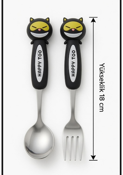 Sevimli Figürlü Premium Çocuk Bpa Free Paslanmaz Çelik Uçlu Çatal-kaşık Set 24+ Ay Siyah