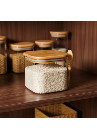 600 Ml Bambu Kapaklı Ve Kaşıklı Kare Cam Kavanoz, Vakumlu Ahşap Kapaklı Baharatlık, Kendinden K Şeffaf