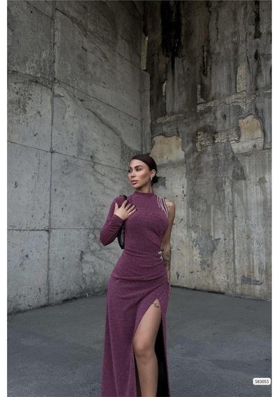DefyModa Kadın Dik Yaka Taş Detaylı Uzun Kollu Abiye Elbise Mavi