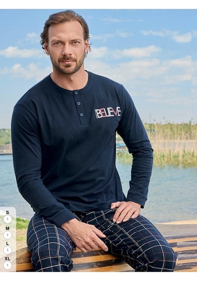 Aydoğan Erkek Pamuklu Penye Süprem Uzun Kollu Pijama Takımı Yeni Sezon Koyu Lacivert