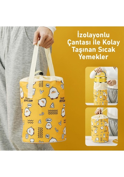 Valkyrie 4 Gözlü Çelik Penguen Desenli Sarı Termal Bento Kutusu Çocuklar İçin Şirin