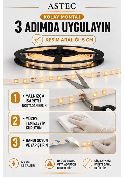 Astec 12v Şerit Led 5 Metre / 10 Metre Yapışkanlı Kesilebilir İç Mekân Aydınlatma Trafo Hariç Bütün Renkler 48546284