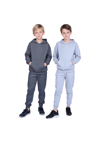 Fyk Kids 2'li Kanguru Cepli Kapüşonlu Düz Baskısız Erkek Çocuk Eşofman Takımı Füme - Gri