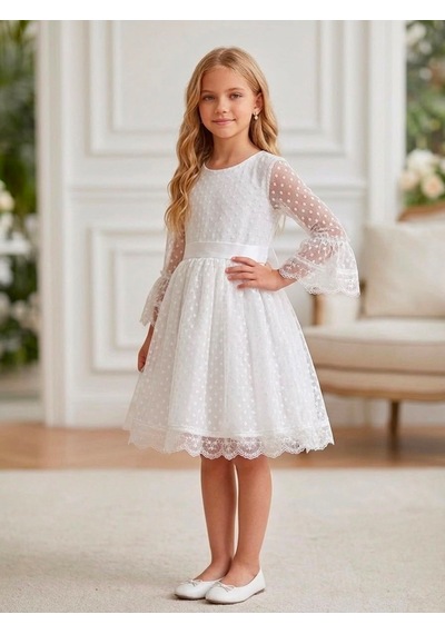 Merdia Kids Kız Çocuk Tül Dantelli Abiye Elbise Beyaz