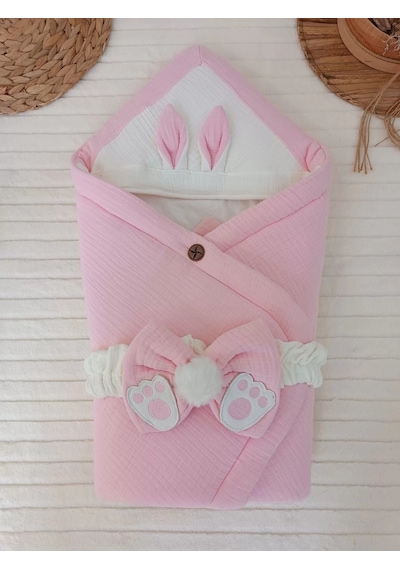 Yenidoğan 4 Kat Müslin Kumaş Kulaklı Patili Fiyonk Bebek Battaniyesi Kundak Pembe Çok Renkli