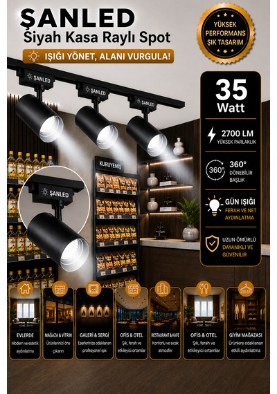 Led Siyah Kasa Beyaz Işık 35w Raylı Spot / 8 Adet 3 Metre Ray