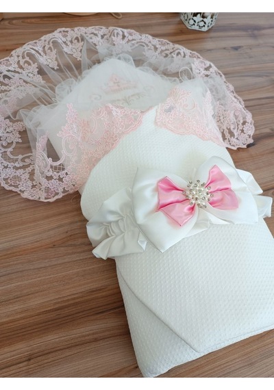 Pembe Bebek Battaniyesi Dantelli %100 Pamuklu Kundak Mevlütlük Hediyelik Hastane Çıkısı Yenidoğan Ekru - Pembe
