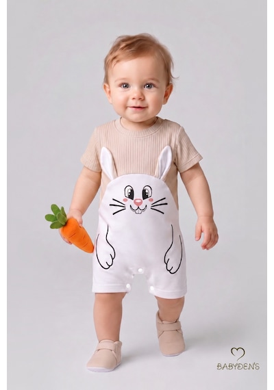 Babyden's Tavşan Baskılı Şortlu Erkek Bebek Tulum %100 Pamuk Yazlık Kısa Kollu Çıtçıtlı Yenidoğan Bebek Tulumu 0-9 Ay Bej