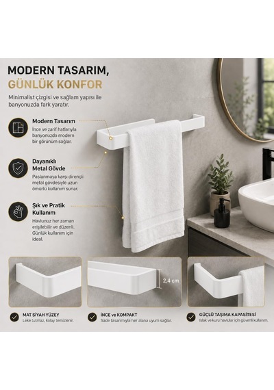 Beyaz Lamalı Havlu Askısı, Paslanmaz Çelik Banyo Havluluğu, Hem Yapışkanlı Hem Vidalı Montajlı, Duvar Tipi Modern Havlu Barı