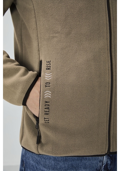 Tommy Life Camel Yazı Nakışlı Dik Yaka Fermuarlı Standart Kalıp Erkek Sweatshirt Polar - 87992 CAMEL