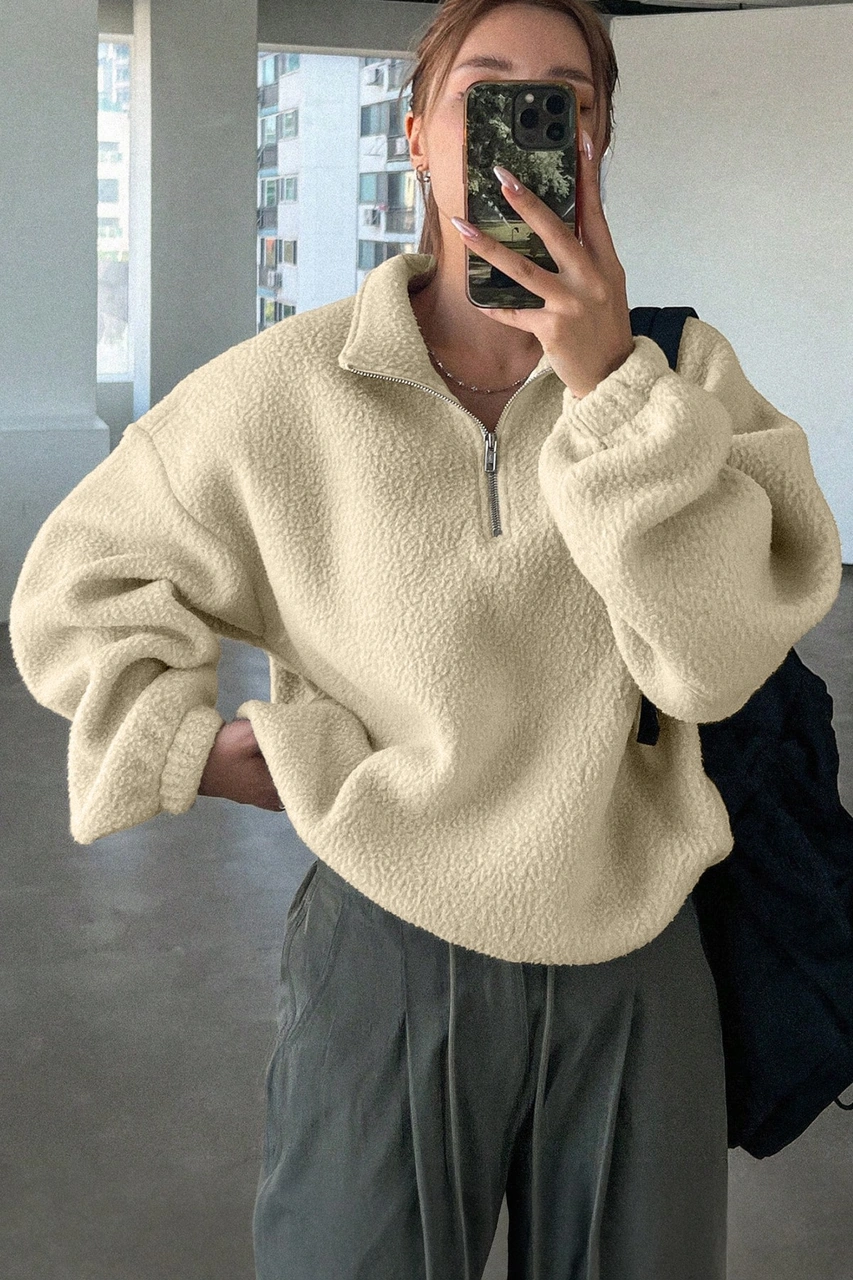 Ghassy Co. Kadın Ultra Isı Peluş Sherpa Oversize Yarım Metal Fermuar Lastik Ayarlı Polar Sweatshirt Taş