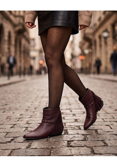 Futsishoes Camelot Bordo Hakiki Floter Deri Püskül Detaylı Kadın Kısa Topuklu Bot