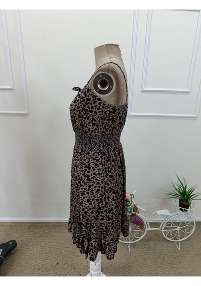 Efnaz Style Kadın Ip Askılı Yakadan Büzgülü Beli Lastikli Kısa Süprem Elbise Leopar