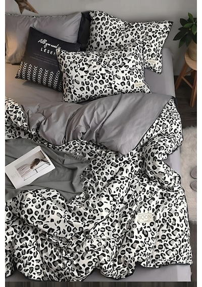İqon Leopar Premium Cotton 64S Lastikli Çarşaflı Çift Kişilik Nevresim Takımı Siyah