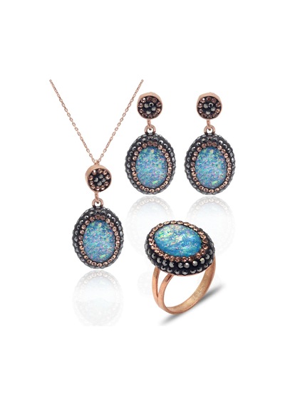 Turkuaz Paraiba Ve Swarovski Taşlı 925 Ayar Gümüş Kadın Üçlü Set 201025580