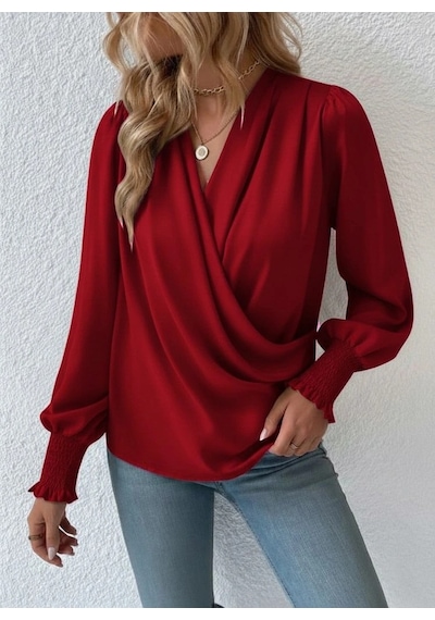 Defymoda Kadın Uzun Kollu Dökümlü Kruvaze Yaka Kol Ucu Gipeli Sandy Bluz Kırmızı