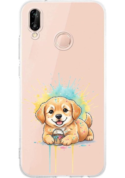 Huawei P20 Lite İle Uyumlu Splash Köpek Tasarımlı Şeffaf Silikon Kılıf Şeffaf