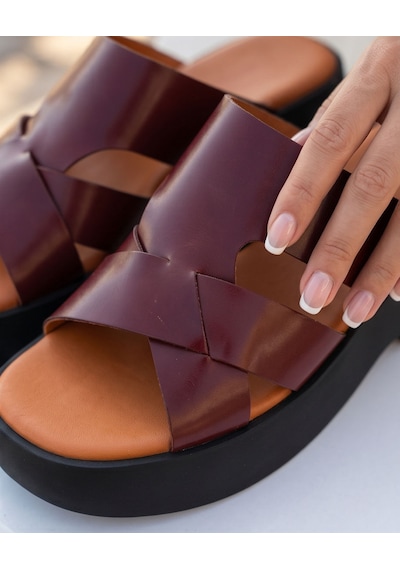 Futsishoes Vıvıenne Bordo Hakiki Deri Kalın Taban Çapraz Bantlı Kadın Terlik